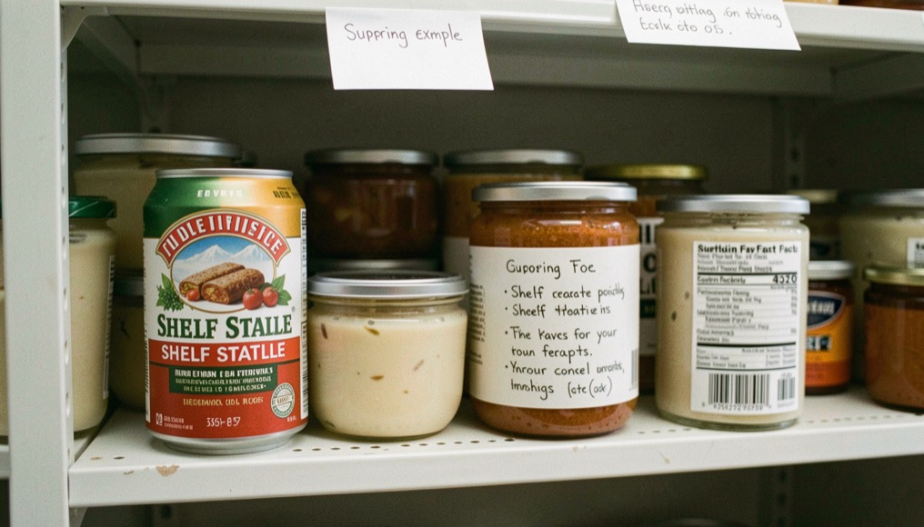 Supporting editorial view of stored water and shelf-stable food