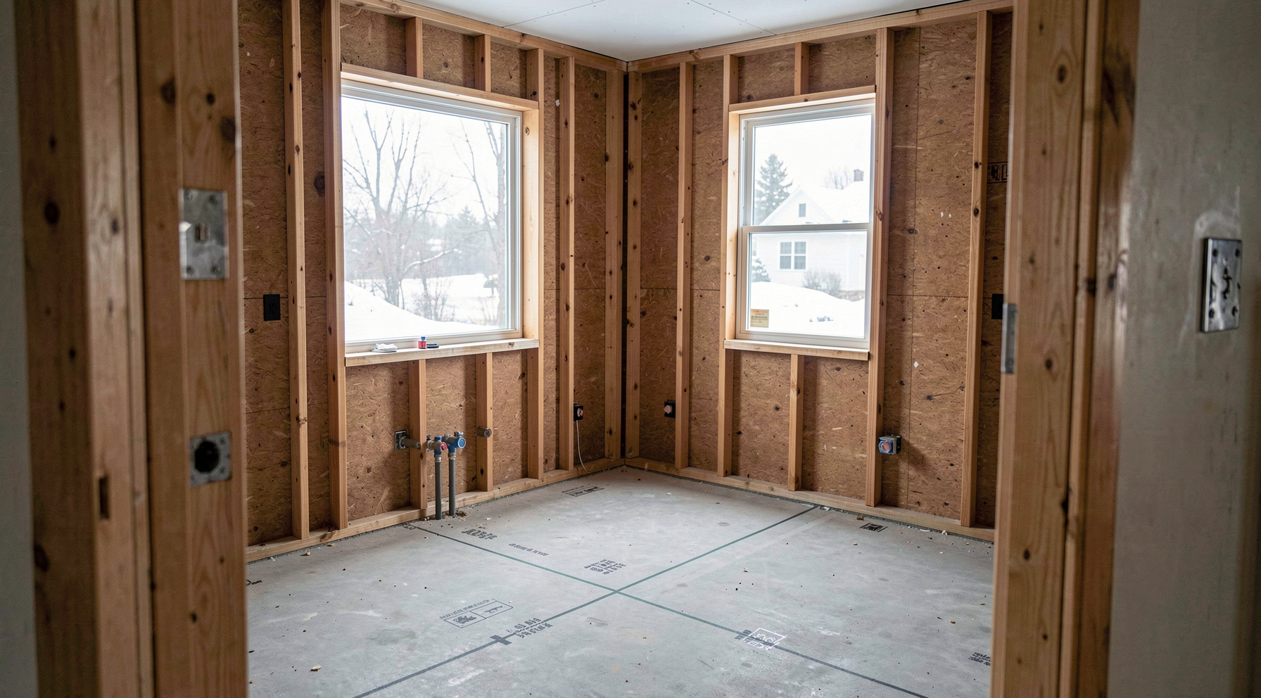 A dental treatment room under construction, seen from the doorway, with bare stud walls, a floor marked for plumbing, and winter daylight entering through an unglazed window.
